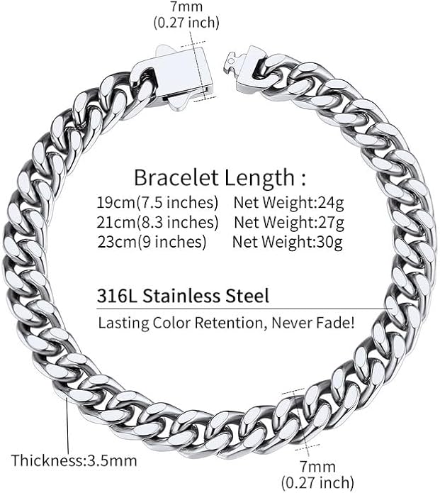 ChainsHouse Stainless Steel Cuban Link Bracelet for Men, 5mm/7mm/9mm/12mm Width, 7.5"/8.3"/9" Length, Black/18K Gold Plated Chain Wrist Bracelets for Men, with Gift Box