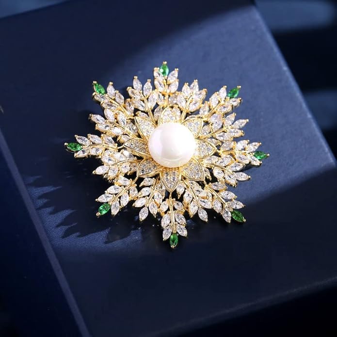 14K Gold Handmade Snowflake Brooch, Adorned with Natural Pearls and Moissanite, Sophisticated Women's Jewelry, Perfect Birthday and Special Occasion Gift