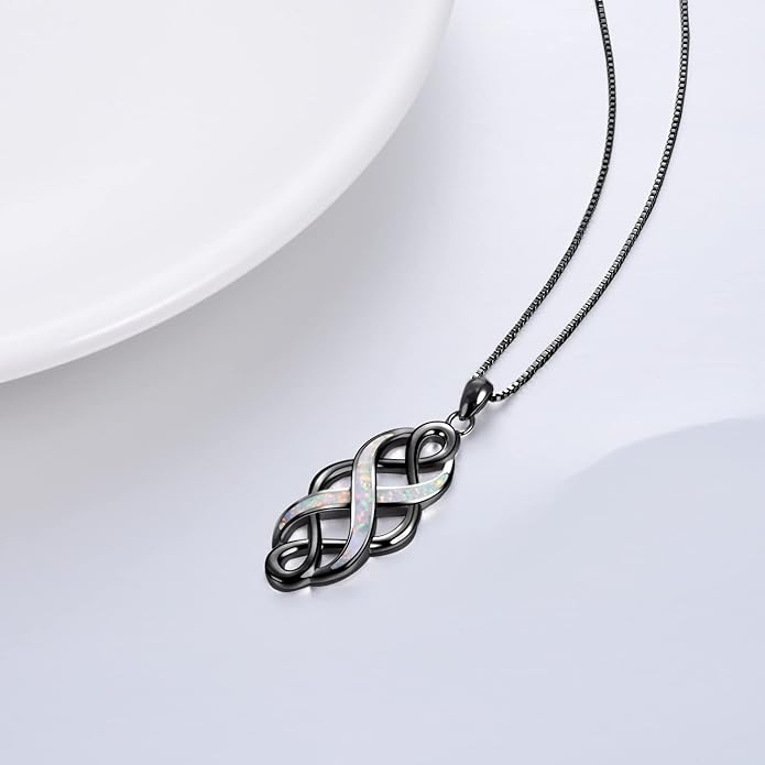 YFN Irish Celtic Knot Created Opal Pendant Necklace Sterling Silver Black Necklaces for Women Men 18"