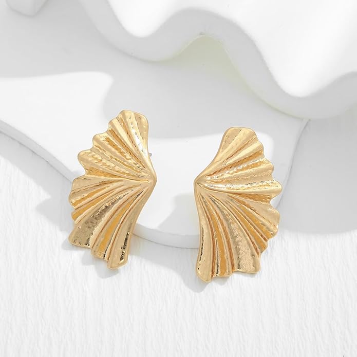 Chunky Gold Statement Earrings For Women Gold Plated Sectored Flower Leaf Shell Angel Wing Earrings Large Stud Earrings Hypoallergenic Earrings