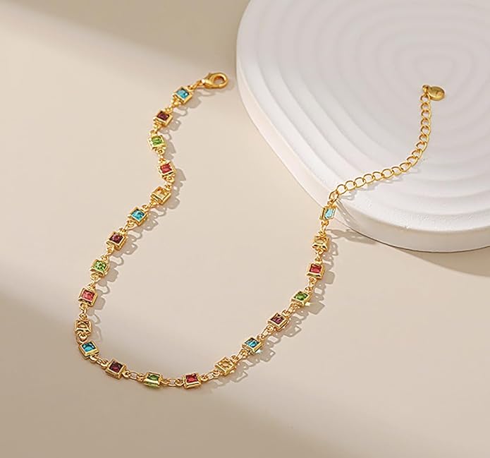 18K Gold Plated Anklet for Women Multicolor Crystal Ankle Bracelets Boho Adjustable Chain Anklets