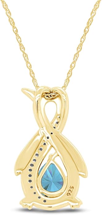 Infinity Penguin Pendant Necklace for Women, 14K Gold Over Sterling Silver with Pear & Round Cut Simulated Birthstone & White Diamond Accents, Dainty Animal Jewelry Gift with 18" Chain