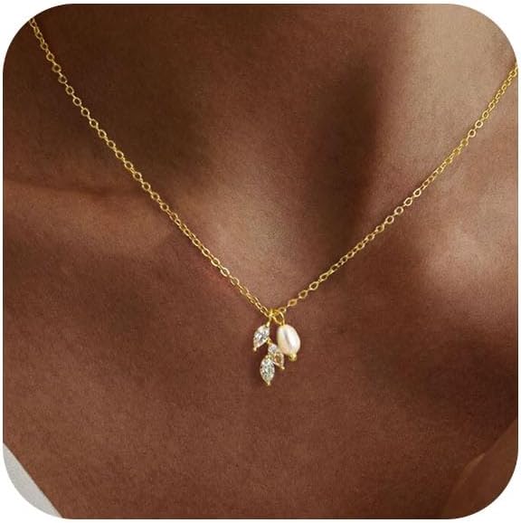 Pearl Necklace for Women Trendy,14k Gold Plated Necklace Dainty Wedding Necklace Small Cute Choker Necklace Beaded Lariat Drop Necklace Vintage Waterproof Jewelry for Women Gold Jewelry Fashion Gifts