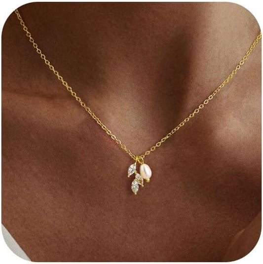 Pearl Necklace for Women Trendy,14k Gold Plated Necklace Dainty Wedding Necklace Small Cute Choker Necklace Beaded Lariat Drop Necklace Vintage Waterproof Jewelry for Women Gold Jewelry Fashion Gifts