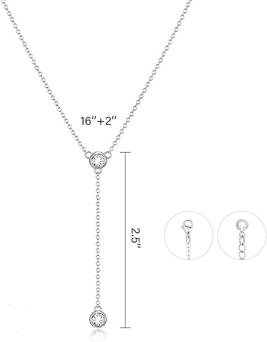 Lariat Silver/Gold Necklace for Women 925 Silver/14K Gold Plated Dainty Long Necklace Y-Shaped Drop Pendant Necklaces Choker Trendy Chain Simple Layered Necklaces CZ Jewelry for Women Set Gift