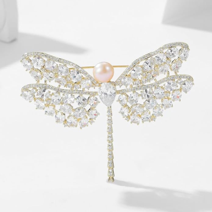 14K Gold Exquisite Dragonfly Brooch Adorned with Colorful Gemstones and Lustrous Pearls, Chic Brooch Accent for Special Events, Ideal for Stylish Women