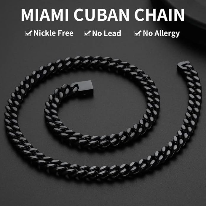 ChainsHouse Stainless Steel Mens Cuban Link Chain, Black/ 18K Gold Plated Miami Cuban Chain Necklace, 5mm/7mm/9mm/12mm/14mm Width, No Tarnish& Durable Hip Hop Mens Jewelry, 18"-30", Send Gift Box