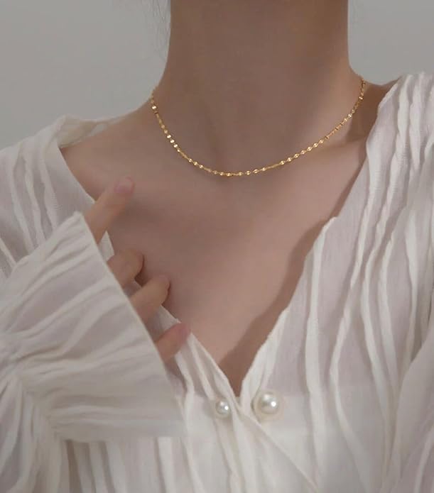 14K Gold Necklace for Women, Womens Dainty Chain Necklace Plated Shining Dots Satellite Choker Box Chain, Women Layering Necklaces