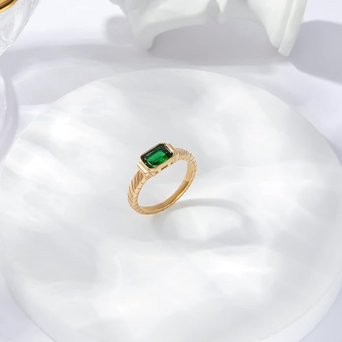 Gold Emerald Rings Gold Rings for Women Dainty Green Rings Cut Emerald Gemstones CZ Non Tarnish Gold Rings 14K Gold Plated Rings for Women Band Size 6/7/8/9