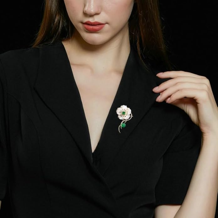 14K Gold Natural Freshwater Pearl Flower Moissanite Brooch, Minimalist Camellia Corsage with Turquoise/Agate, Unique Pin for Suit Accessory, An Elegant Gift
