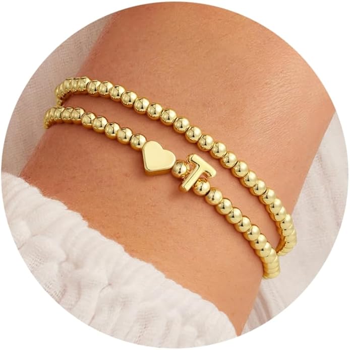 Ursteel Initial Heart Bracelet for Women - Dainty 14K Gold Plated Beaded Bracelets for Women Trendy Letter A-Z Heart Jewelry Personalized Gifts