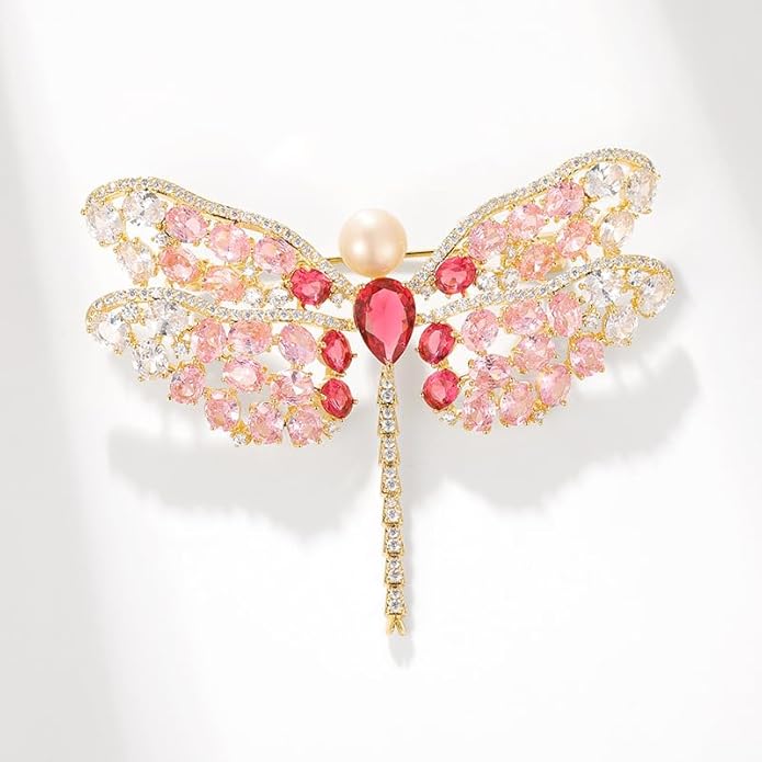 14K Gold Exquisite Dragonfly Brooch Adorned with Colorful Gemstones and Lustrous Pearls, Chic Brooch Accent for Special Events, Ideal for Stylish Women