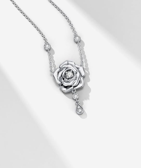 1/14 Carat Diamond Rose Necklace for Women 925 Sterling Silver Rose Flower Pendant Necklaces 18K Gold Plated Fine Jewelry