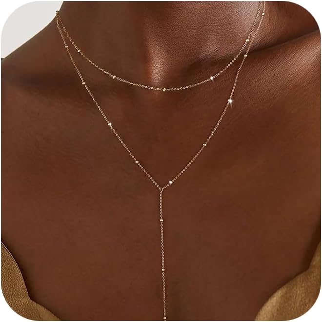 Foxgirl Lariat Gold Necklace for Women, Dainty Long Necklace 14k Gold Plated/Silver Y-Shaped Pendant Necklace Trendy Layered Cz Beaded Chain Drop Necklaces Simple Gold Jewelry For Women Gift