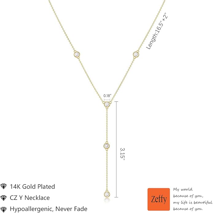 Zeffy Lariat Gold Necklace for Women, Dainty Long Necklace 14k Gold/Silver Plated Layered CZ Beaded Bar Chain Y-Shaped Body Chain Stack Drop Wedding Necklace Trendy Simple Gold Jewelry Gifts