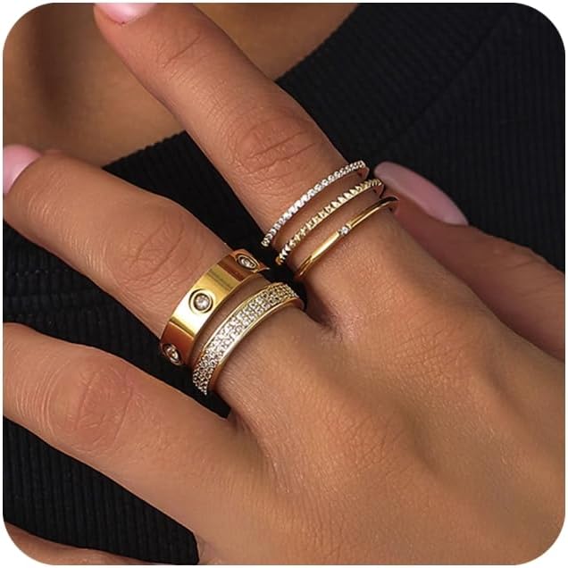 PDWZNBA Gold Rings for Women Non Tarnish Stackable Rings Trendy Dainty 18K Gold Plated Stacking Rings Set Love Friendship Rings Band Rings Promise Wedding Engagement Rings Size 5-11