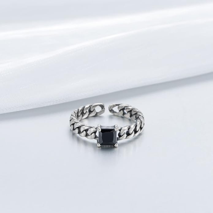 925 Sterling Silver Vintage Oxidized Style Black Onyx Adjustable Ring Casual Jewelry Gifts for Women