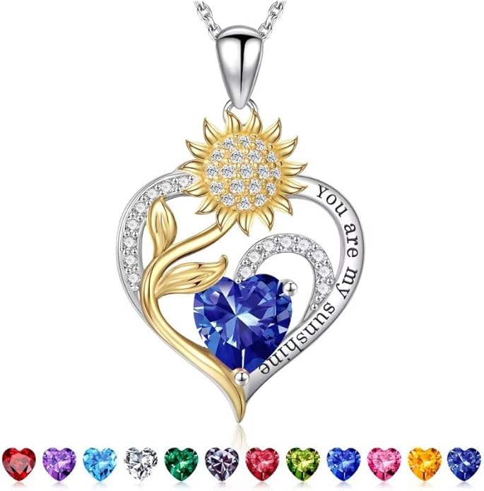 Iefil Christmas Gifts for Women Wife Mom - Sunflower Birthstone Necklace for Women, Anniversary Birthday Gifts 925 Sterling Silver Heart Pendant You Are My Sunshine Jewelry for Girlfriend Mom Daughter