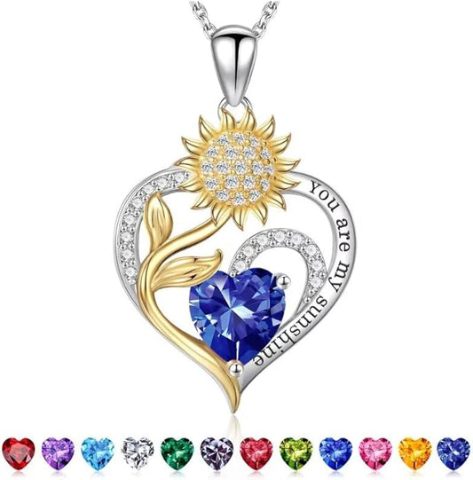Iefil Christmas Gifts for Women Wife Mom - Sunflower Birthstone Necklace for Women, Anniversary Birthday Gifts 925 Sterling Silver Heart Pendant You Are My Sunshine Jewelry for Girlfriend Mom Daughter