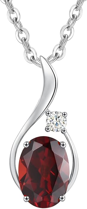 FANCIME 14K Solid White Gold Oval Gemstone Necklace with Diamond Pendant Gifts for Mom Women,16"+2" Inches