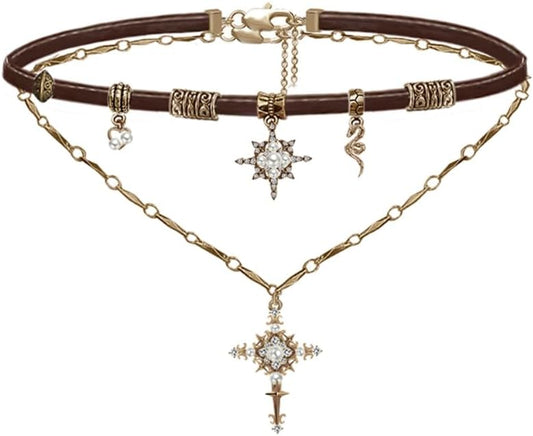 Retro stylish Star Cross Pendant Necklace Faux Leather Women's Collar Personalized Double Layer Necklace M2592