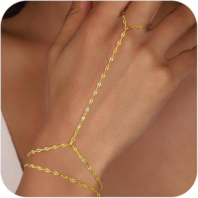 Yoosteel Hand Chain Bracelet for Women - Dainty 14K-Gold-Plated Finger Ring Hand Chains Layered Trendy Link Bracelets Jewelry Gifts for Women