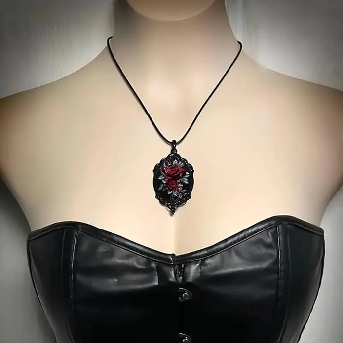 Gothic Rose Glass Necklace for Women Vintage Satan Demon Pendant Halloween Roses Necklaces Dark Punk Style Necklace Victoria Emboss Necklaces Mystic Witch Jewelry Gift Accessories