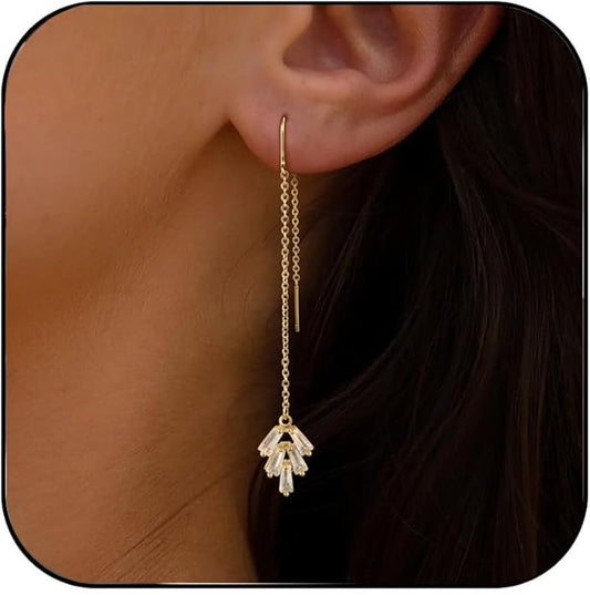 Gold Earrings for Women,Dainty 14k Gold Plated Pearl Drop Earring Dangle Pearl Dangling Earrings for Women Trendy Small Cute Wedding CZ Earring Long Chain Threader Prom Jewelry Gifts