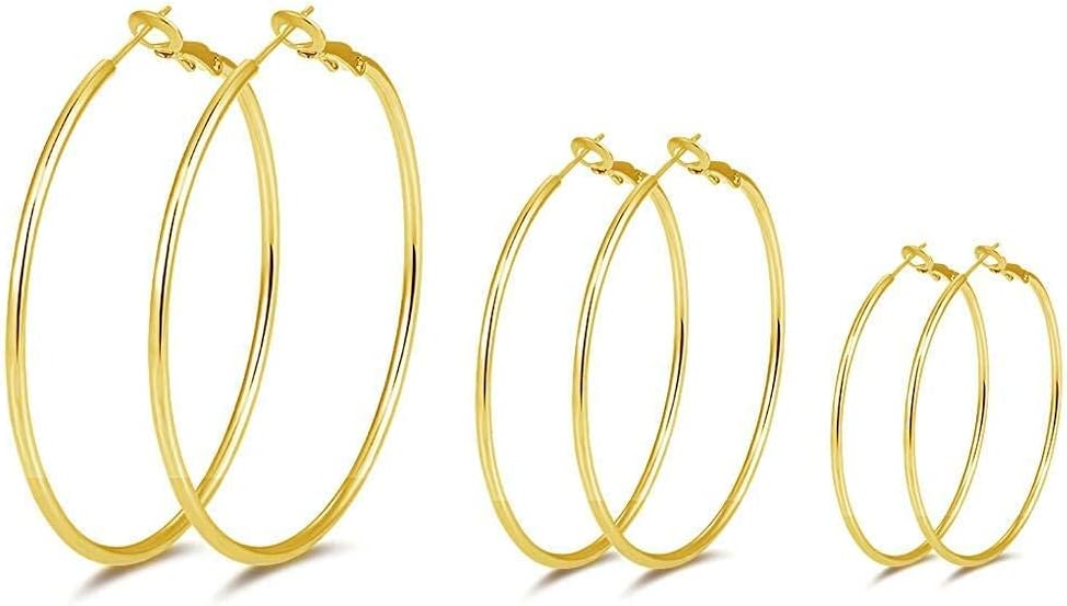 3 Pairs Sterling Silver Hoop Earrings, 14K White Gold Plated Big Hoop Earrings Set for Women 40 50 60MM