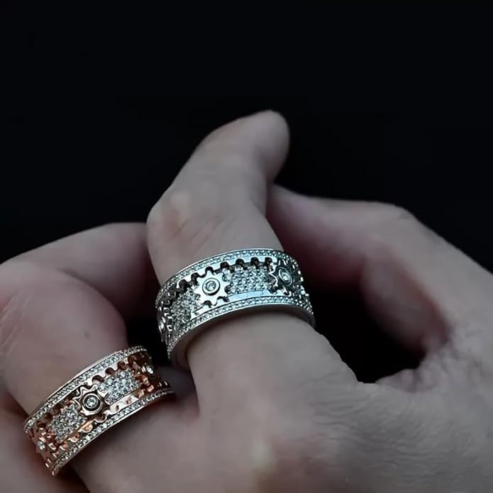 BEIBEINOYA Men's Spinner Ring for Anxiety - 14K Gold Plated Rotating Gear Ring with Moissanite, Kinetic Mechanical Jewelry, Stress Relief Fidget Ring for Men, Unique Gifts for Him