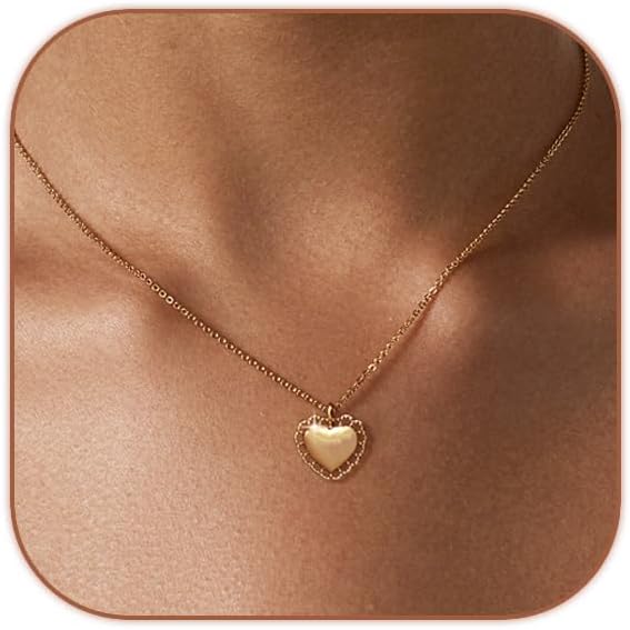 Cute Heart Necklace Dainty 18k Gold Plated Tiny Heart Pendant Choker Necklaces Small Gold Love Open Heart Chain Necklace for Women Simple Gold Necklace for Women Trendy Jewelry