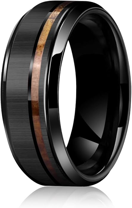Mens Wedding Band Tungsten Rings: 8mm Black Tungsten Rings for Men Wood Wedding Ring Band for Man - Silver Ring for Men Wedding Bands for Women Wood Promise Rings for Him
