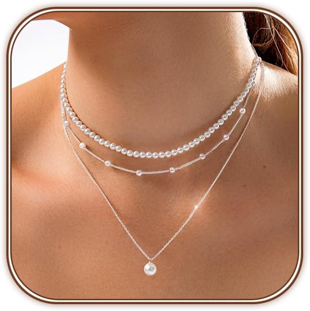 Zeffy Gold Pearl Necklace for Women, Dainty 14K Gold/Silve Plated Layered Pearl Choker Pearl Earrings Pearl Bracelets Wedding Trendy Gold Jewelry Set for Women Gifts