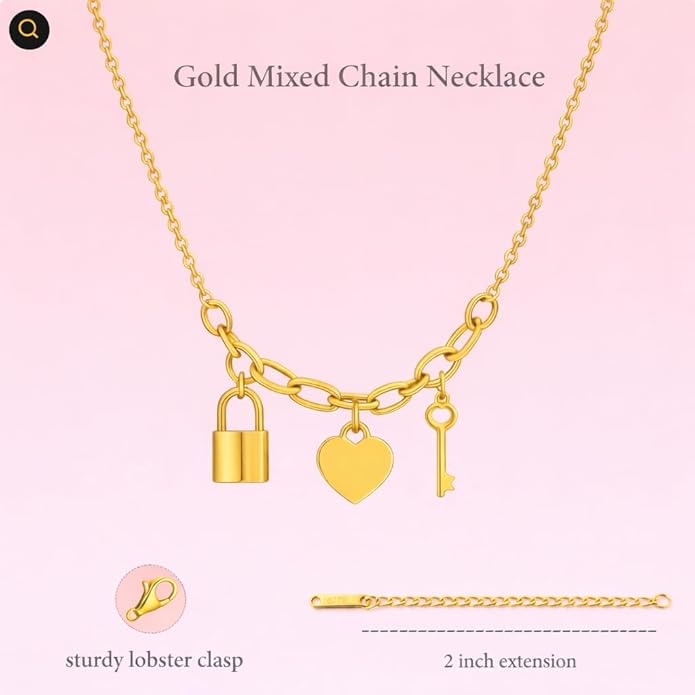 AuraLixi 18K Gold Plated Adjustable Chain Necklace for Women, Mixed Chain Gold Pendant Necklaces, Trendy Fashion Jewelry Gift for Girlfriend, Anniversary & Birthday