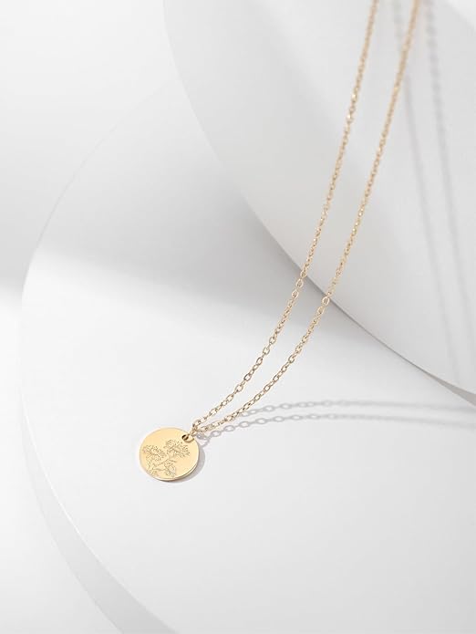 Birth Flower Necklace, 14K Gold Plated Floral Pendant Necklaces for Women, Simple Dainty Birth Month Flower Necklace, Birthday Jewelry for Women - 12 Month