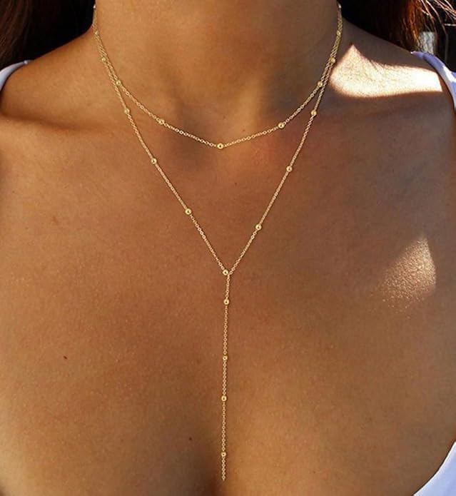 iF YOU Lariat Gold Long Necklaces for Women Trendy, Dainty 14K Gold Plated Drop Chain Necklace, Layered Rosary Beaded Y Necklaces Simple Fashion Jewelry Gifts