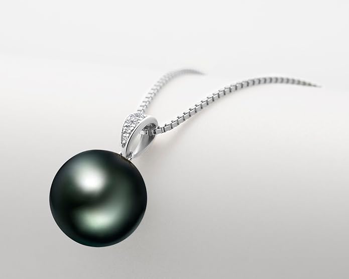 DENGGUANG 18K Gold Natural Black Pearl Pendant Necklace Pendant with Diamond 10-11mm Genuine Tahitian Cultured Round Pearls Jewelry Gifts for Women with 18" Silver Chain