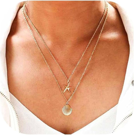 Gold Starfish Necklace for Women Beach Jewelry Accessories Sea Shell Beach Necklace Layered Starfish Pendant Beachy Ocean Necklaces Boho Cowrie Seashell Summer Necklaces Jewelry Gifts Trendy Stuff