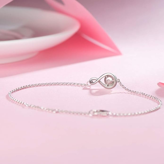 FANCIME Love Bracelet 925 Sterling Silver Infinity Birthstone Bracelets for Women Fine Jewelry Birthday Christmas Gifts for Her Mom Wife, Chain Length 6.7"+1.2" Extend