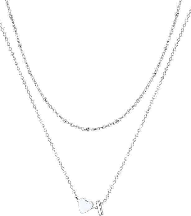 FOCALOOK Layered Initial Necklace for Women, 14K Gold Plated Choker Necklaces Stacks with Initial A-Z, Dainty Silver Heart Pendant Necklace Personalized Birthday Women Jewelry
