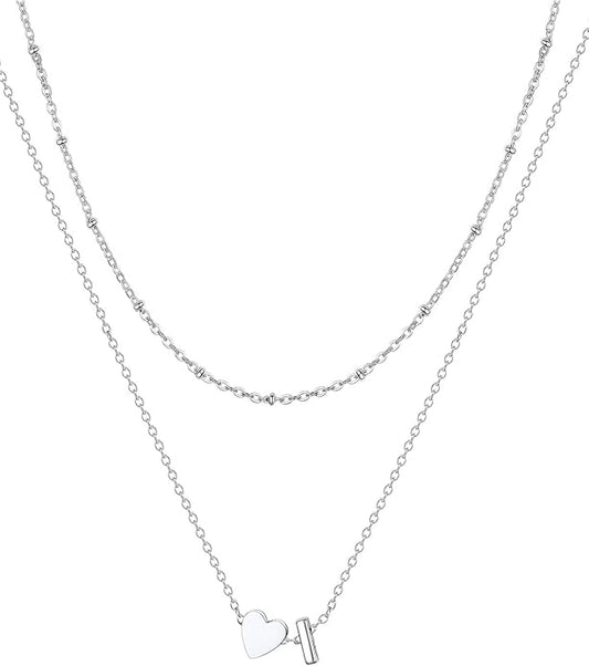 FOCALOOK Layered Initial Necklace for Women, 14K Gold Plated Choker Necklaces Stacks with Initial A-Z, Dainty Silver Heart Pendant Necklace Personalized Birthday Women Jewelry
