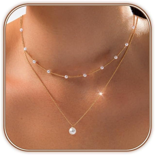 OGD Gold Pearl Necklaces Set for Women 14K Gold Plated Dainty Layered Pearl Cute Daisy Pearl Choker Gold Necklace Gifts for Women Gold Trendy Jewelry Gifts