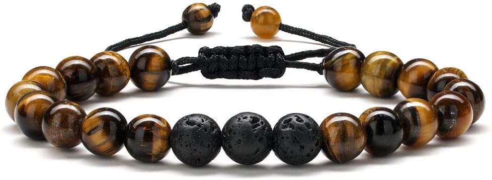 M MOOHAM Natural Stone Bracelets for Men - 8mm Tiger Eye, Matte Agate, Lava Rock - Teen Boys Gifts for Birthday, Anniversary, Christmas