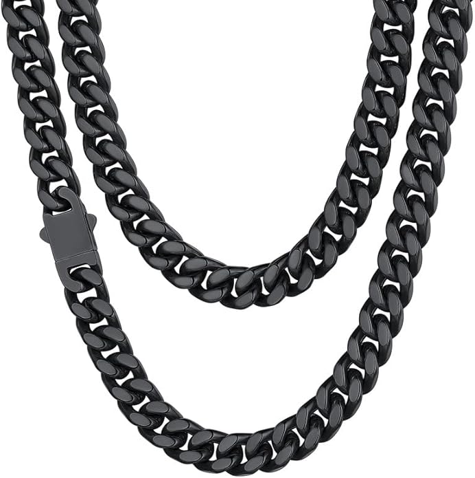 ChainsHouse Stainless Steel Mens Cuban Link Chain, Black/ 18K Gold Plated Miami Cuban Chain Necklace, 5mm/7mm/9mm/12mm/14mm Width, No Tarnish& Durable Hip Hop Mens Jewelry, 18"-30", Send Gift Box