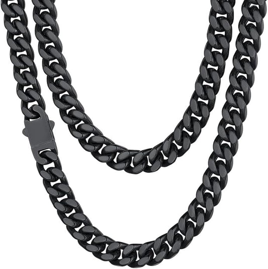 ChainsHouse Stainless Steel Mens Cuban Link Chain, Black/ 18K Gold Plated Miami Cuban Chain Necklace, 5mm/7mm/9mm/12mm/14mm Width, No Tarnish& Durable Hip Hop Mens Jewelry, 18"-30", Send Gift Box