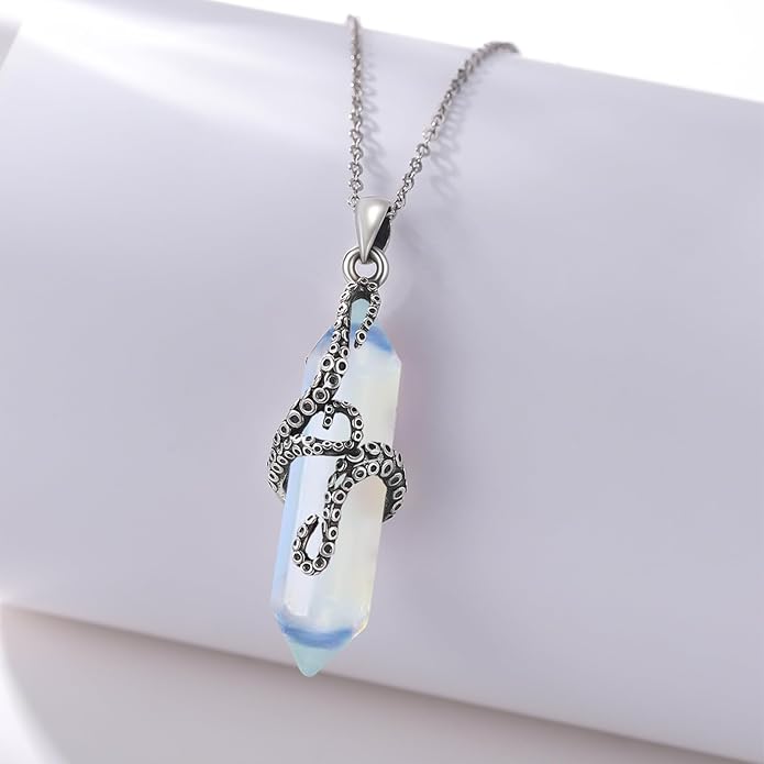 OHAYOO Octopus Tentacles Necklace 925 Sterling Silver Octopus Pendent Necklace Wrapped Obsidian Octopus Jewelry Gifts for Women