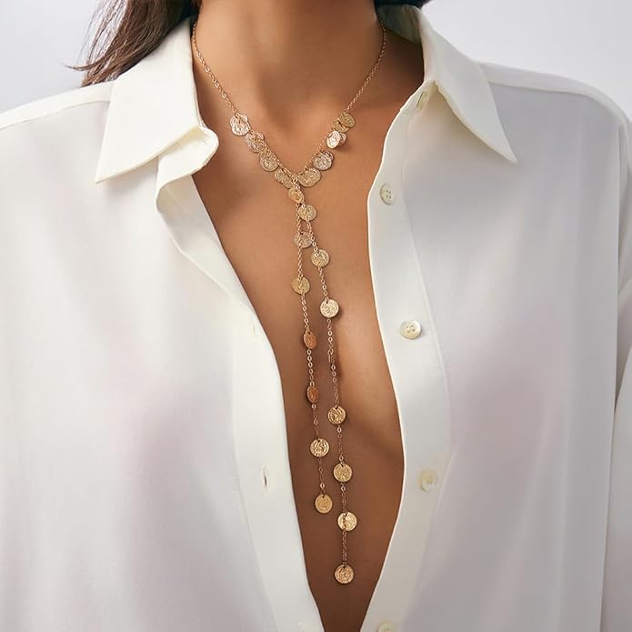 Chunky Long Tassel Gold Coin Choker Necklace for Women Statement Trendy Silver Beaded Disc Y Necklaces Stylish Party Prom Jewelry Costume Accessories