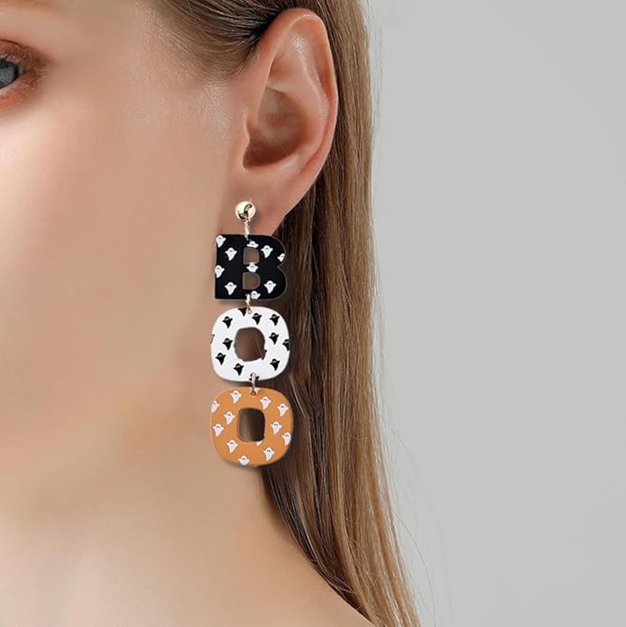Halloween BOO Ghost Skull Earrings for Women, Gothic Dark Bat Dangle Earrings,Retro Acrylic Cute Lightweight Drop Dangle Earring Jewelry Gifts, Holiday Festive Cosplay Party Decorations Accessories