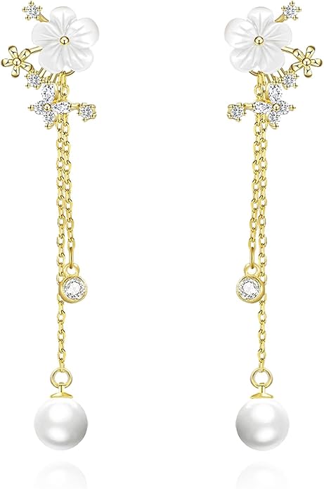 Zeffy Pearl Earrings for Women 14k Gold/Silver Pearl Drop Earrings Long White Pearl Tassel Dangle Statement Earrings Bridal Wedding Dainty Prom Earrings Birthday Gifts Jewelry