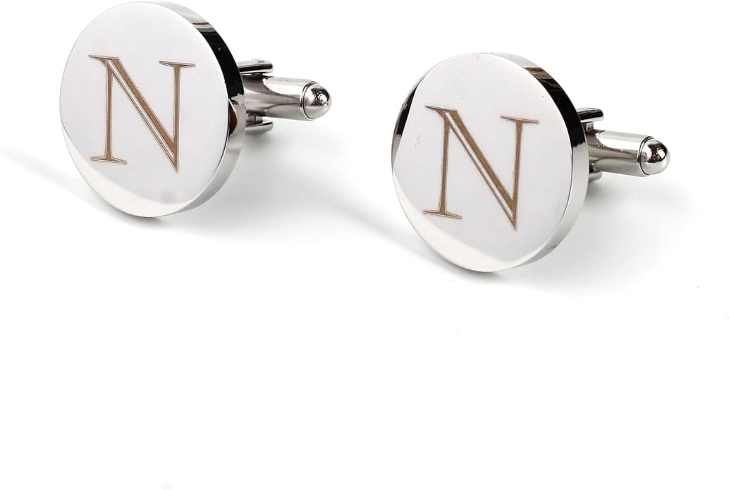 Mens Initial Silver Cufflinks A-Z Alphabet Letter Steel Cuff Links with Engraved Walnut Wood Box Groom Groomsman Wedding Set…